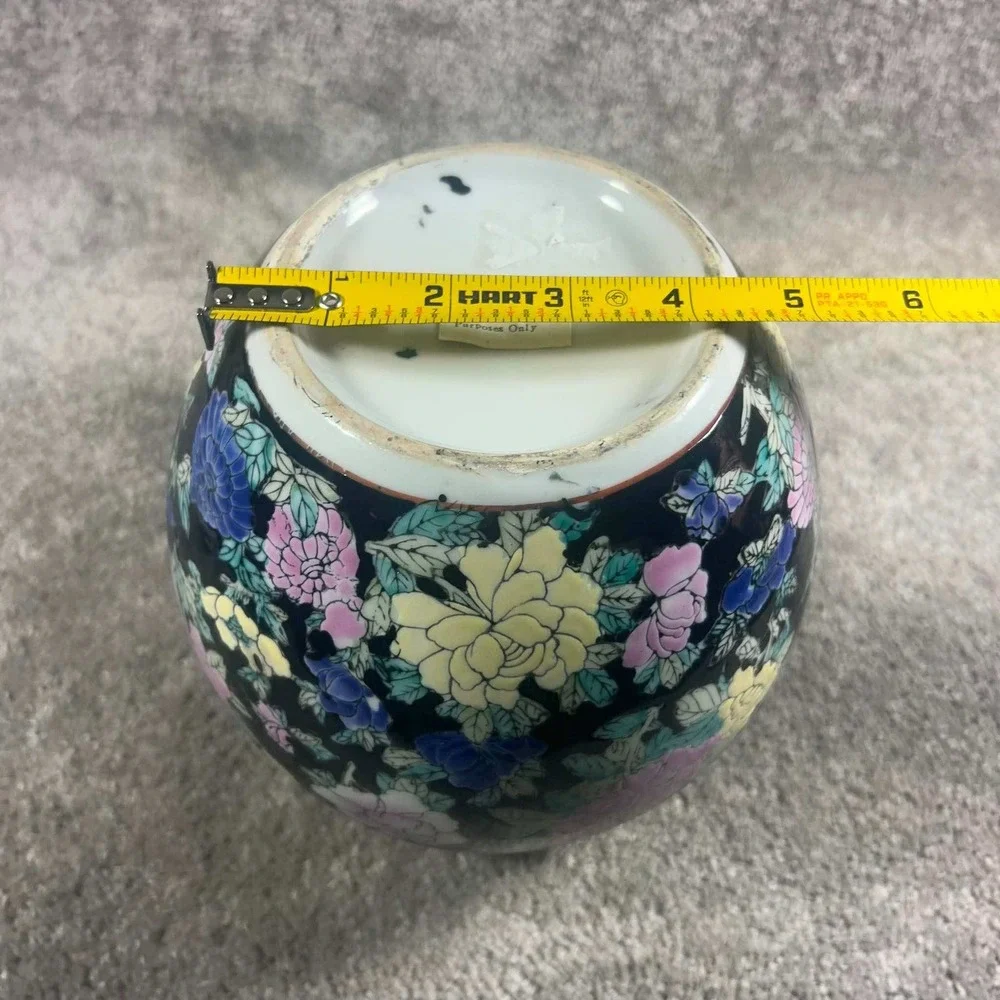 Ginger Jar Black Millefleur Butterfly Floral Decorative China 7in Modern